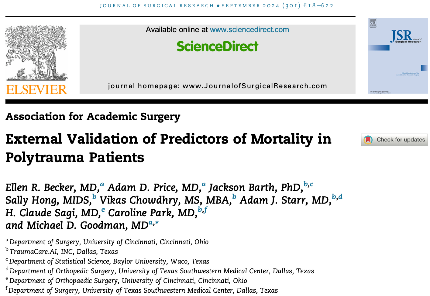 Journal of Surgical Research — External Validation of Predictors of Mortality in Polytrauma Patients